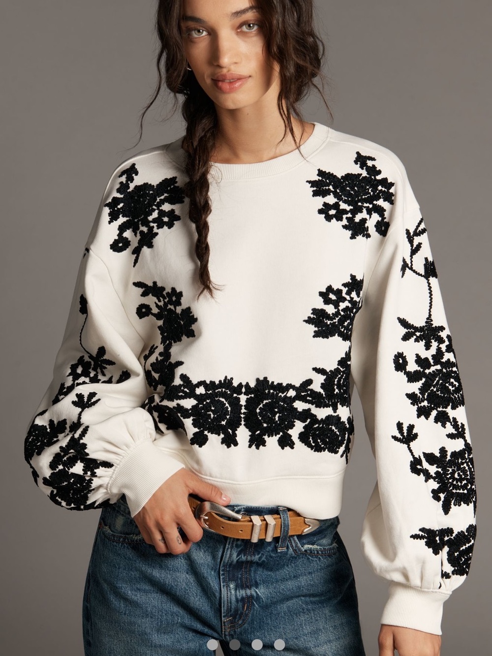 Anthropologie Embroidered Chenille Cream Crewneck Sweatshirt, Medium, NWT